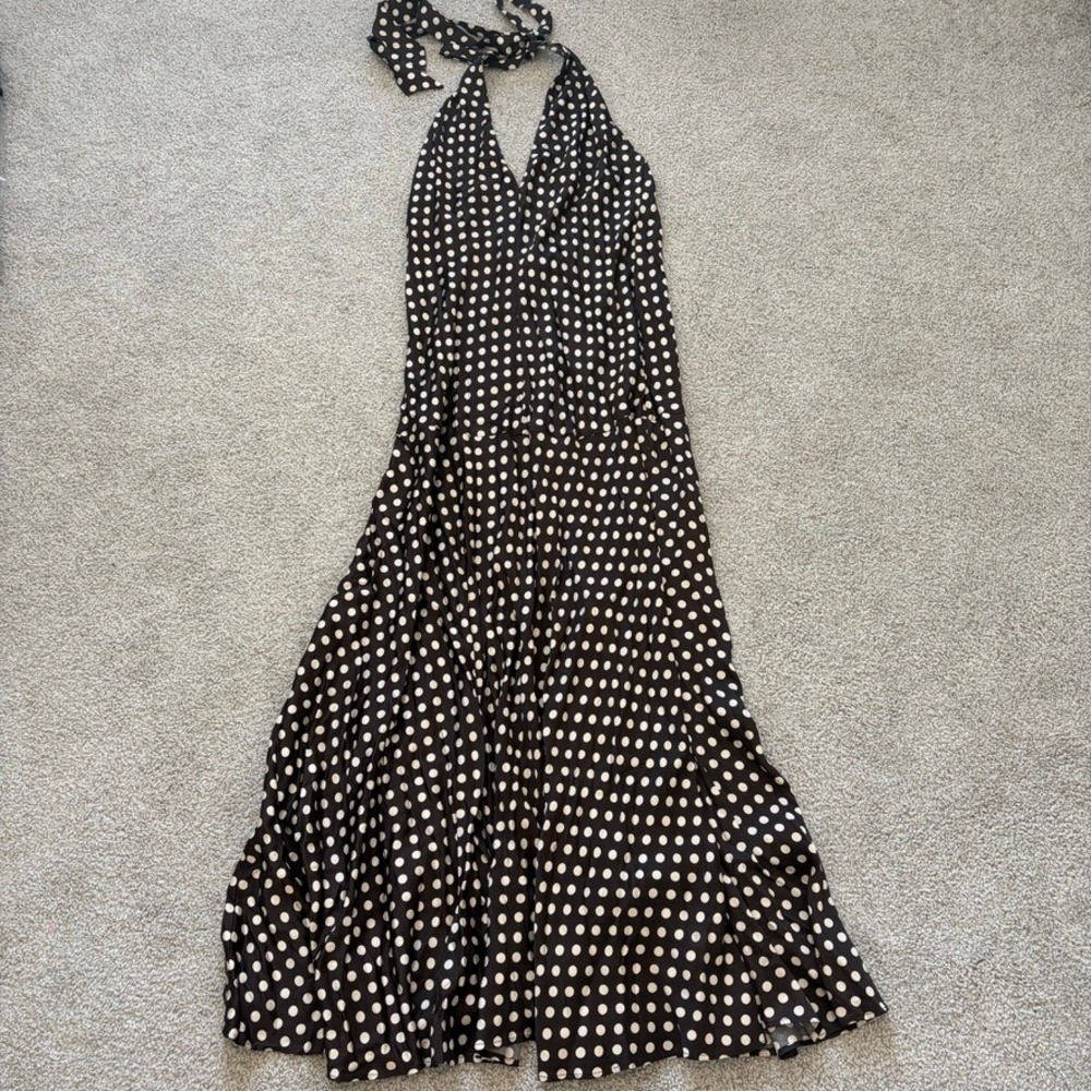 Zara ZW Collection Brown Polka Dot Maxi Dress Womens L Halter Satin Drop Waist